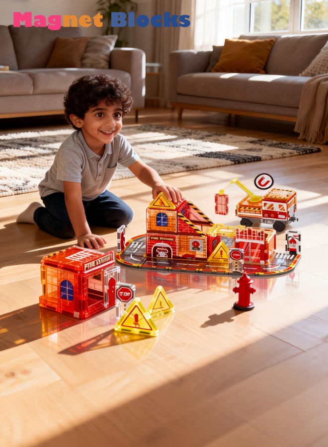 DEZHI 50Pcs of Firefighting Themed Magnetic Block, Magnetic Block Set That Can Be Assembled Into Fire Trucks, Rescue Vehicles, And Professional Themed Experience Sets, 3D Kids Building Blocks, Free Assembly of Buildings, Transportation Vehicles, Enhances The Ability of Logical Thinking for Your Kids. Theme Experience, Free Combination. - Image 3